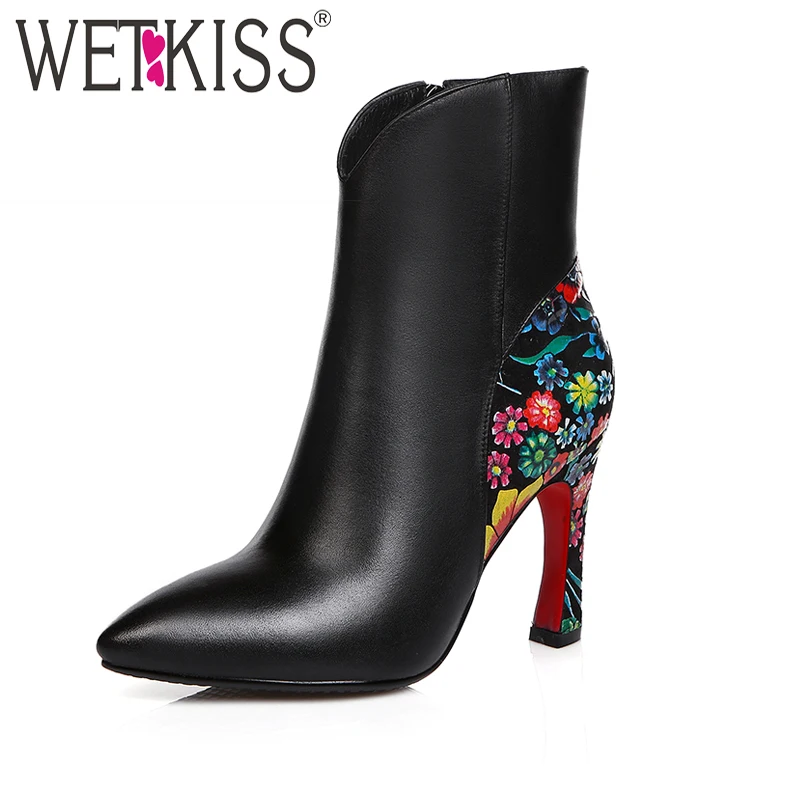 

WETKISS Brand Floral Print Women Ankle Boots Genuine Leather Pointed toe Side Zipper Winter Boots Ladies High Heels Shoes Woman