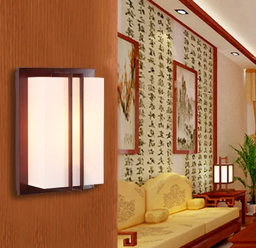 

Chineses rustic red wood frame wall lamps Brief white parchment energy saving E27 lamp for bedroom&porch&stairs&studio QLBD003
