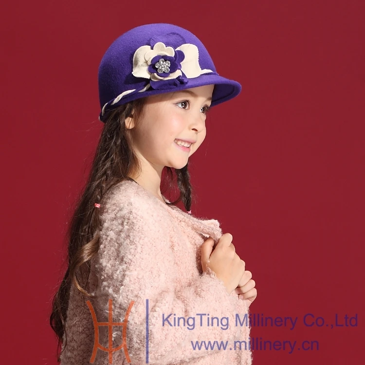 Fashion 100 Wool Girl s Lovely Winter Hats Fedoras Beaded Flower Felt Caps Head Accessories
