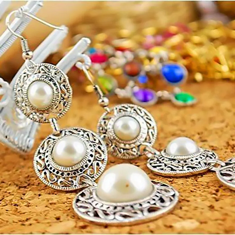 

Fashion 1 Pair Elegant Women Lady Ethnic Style 3 Circle White Simulated Pearl Drop Earrings
