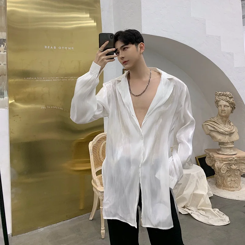 

Men Organza Split Sexy Casual Long Sleeve Shirt Male Translucent Fashion Long Style White Black Dress Shirts Nightclub Clothes