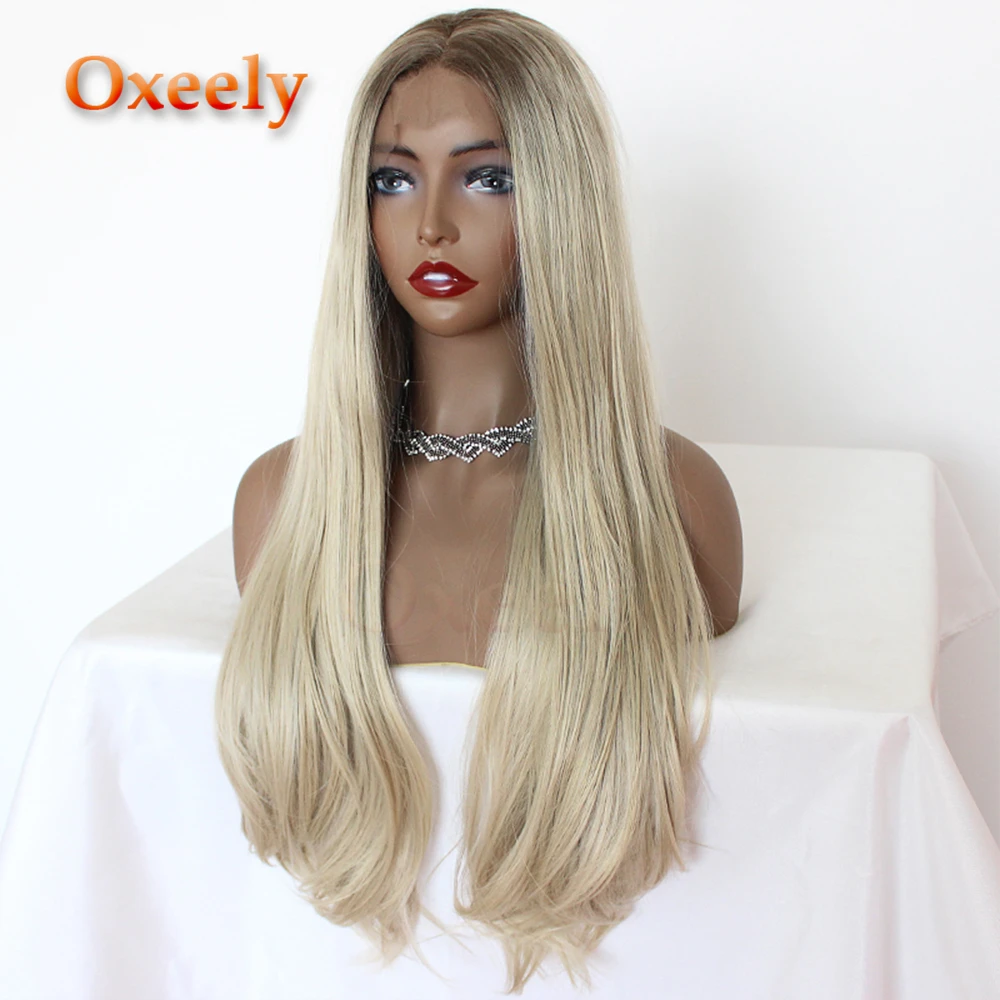 Oxeely Природных Прямо Синтетические волосы на кружеве парик Ombre коричневый светлые парики для Для женщин мягкие волосы жаропрочных волос