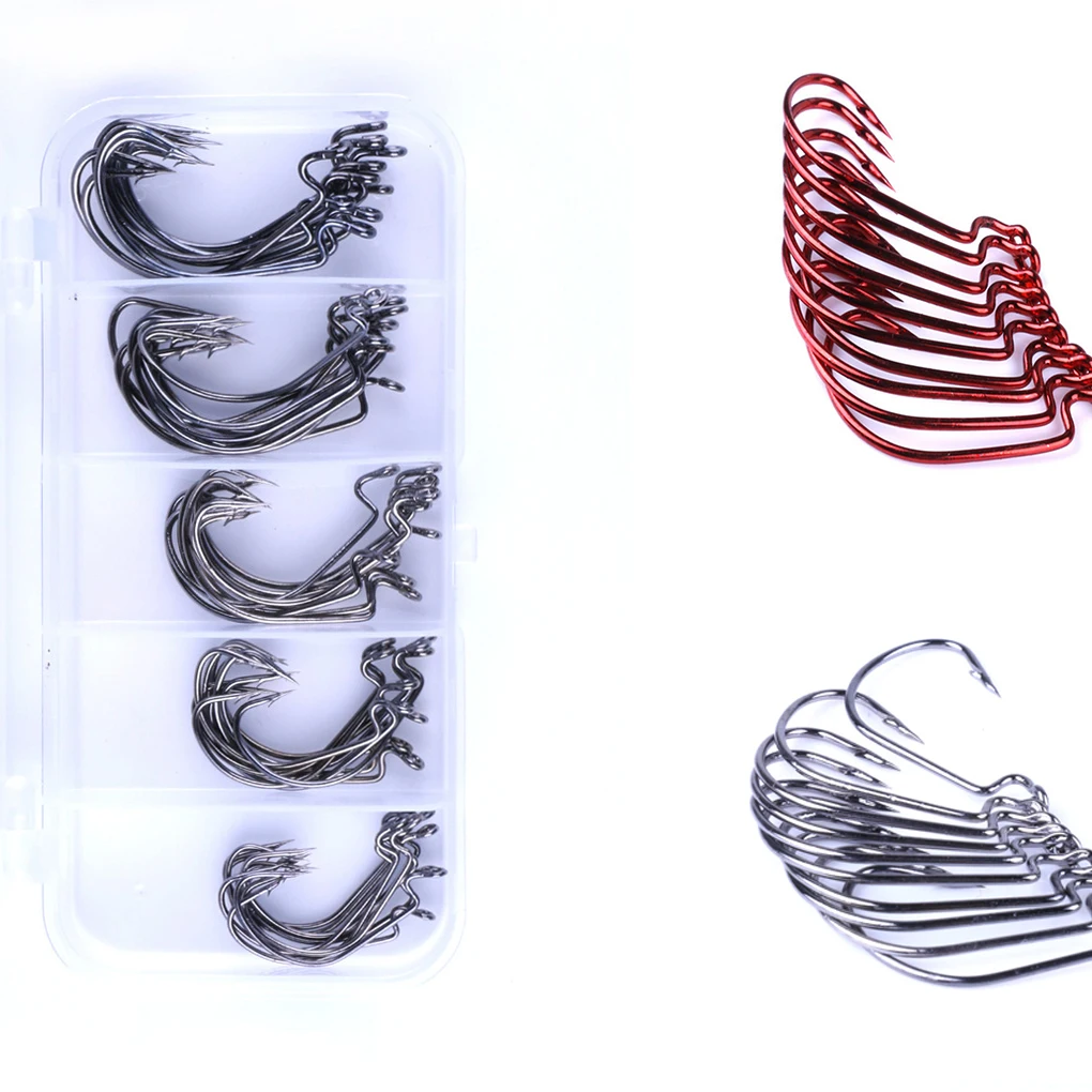 51PCS Fishing Hooks Metal Worm Senko Bait Jig Offset Hooks Plastic Box