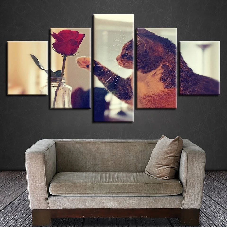 

Canvas Painting On Home Decoration Framework Modern 5 Panel Red Rose Cat For Living Room Wall Art Pictures HD Printed Posters