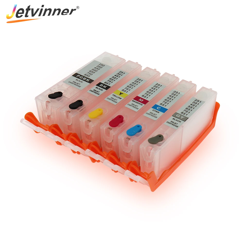 Jetvinner 6-color PGI 250 CLI 251 Refillable Ink Cartridge With Auto Reset Chips for Canon PIXMA MG6320, MG7520 Printers