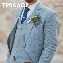 Новейший дизайн пальто, брюки, светильник, синий лен, свадебные костюмы для мужчин, пляжный Terno, приталенный, для жениха, на заказ, 3 предмета, смокинг, костюм, платья