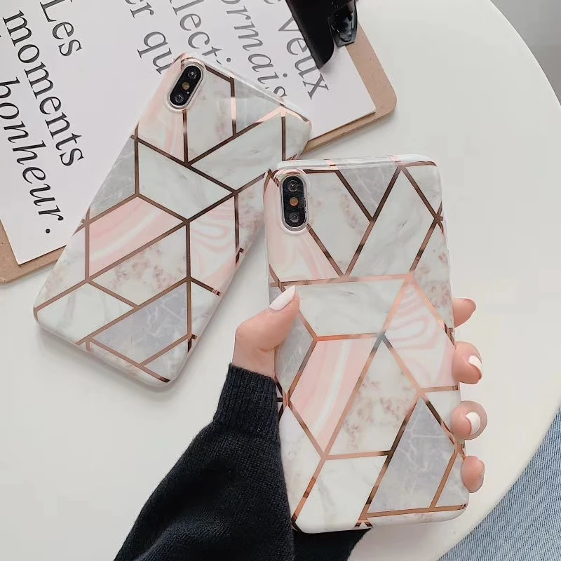 

7plus Cases Geometric Marble Phone Case For iPhone XS Max XR 6 7 8 Plus Soft IMD Electroplated Art Coloful splice Cover Coque