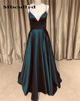 

Mbcullyd Long Prom Dresses 2019 New Arrival A-line Floor Length V-neck A Line Dark Green Special Occasion Evening Gowns Cheap