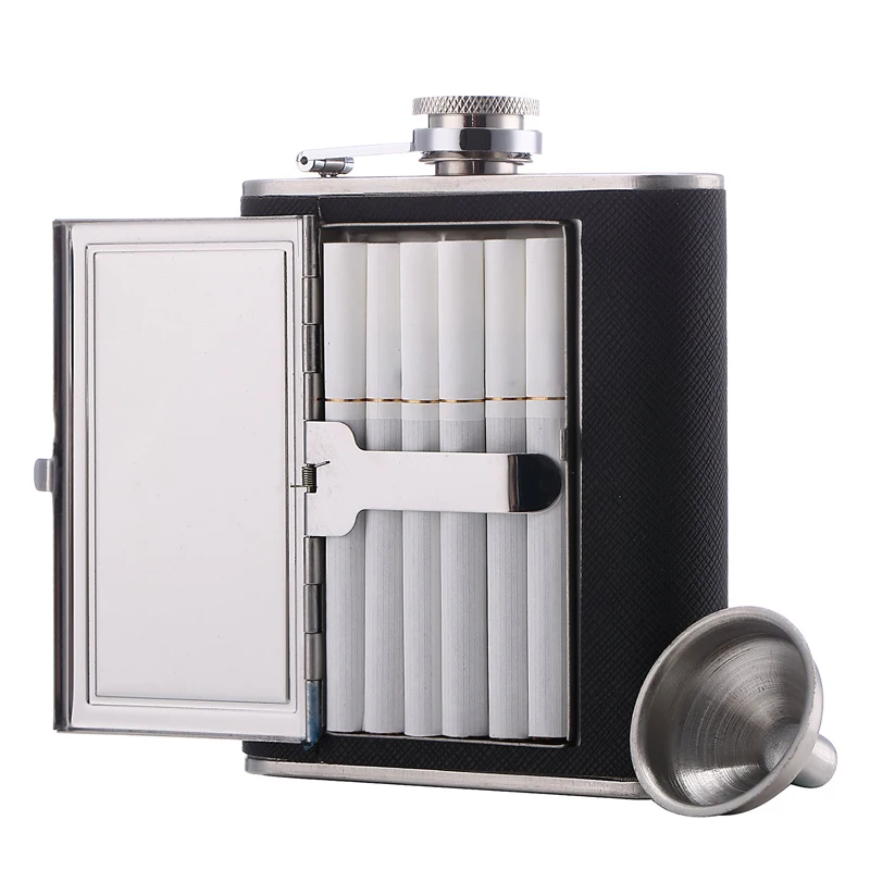

TPUSNOK 6oz PU Leather Wrapped Stainless Steel Hip Flask with Built-in Cigar Case Liquor Alcohol Bottle Drinking Flask TPA07