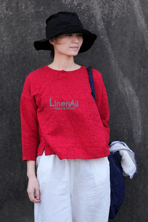 Women's linen/cotton/silk dobby red O neck short shirts,three quarter