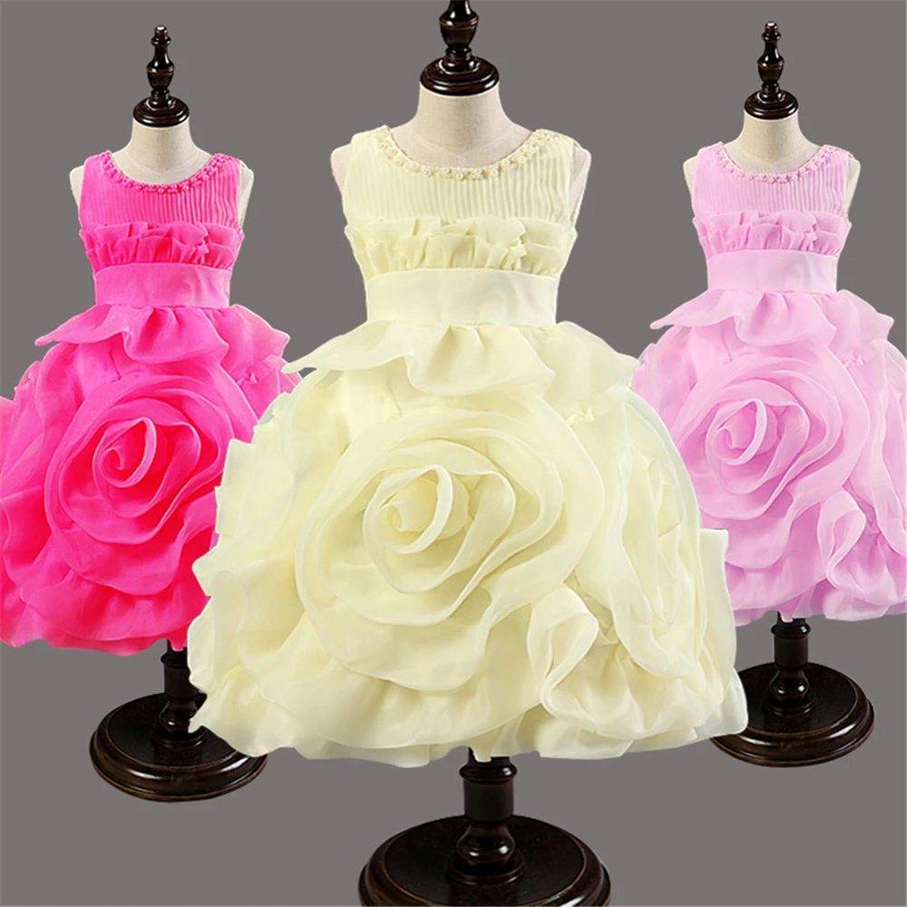 

Girls Dress Children's Princess Dresses pleated round neck wedding Kids Dress flower girl party performance costume