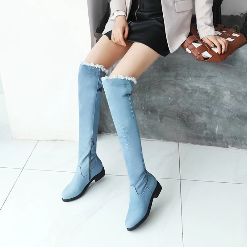 ORCHA LISA/женские джинсовые сапоги до колена; теплые зимние высокие сапоги; женская обувь на низком толстом каблуке с круглым носком; женские сапоги; C901