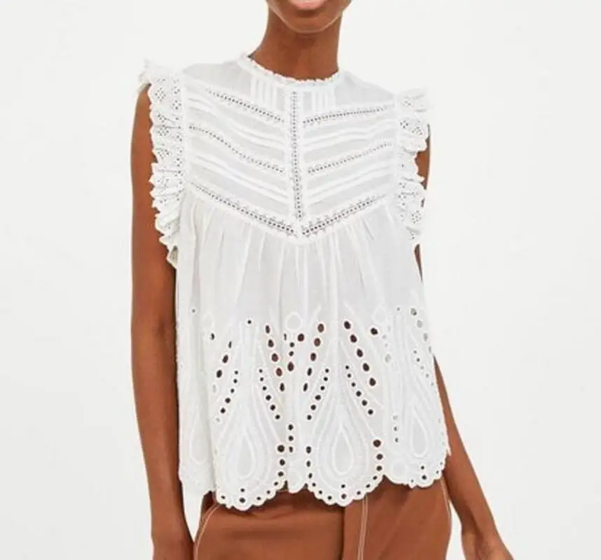 Lychee-Girls-Hollow-Out-Embroidery-Floral-Summer-Women-T-Shirt-Vintage-Sexy-Ruffle-Stand-Collar-Casual