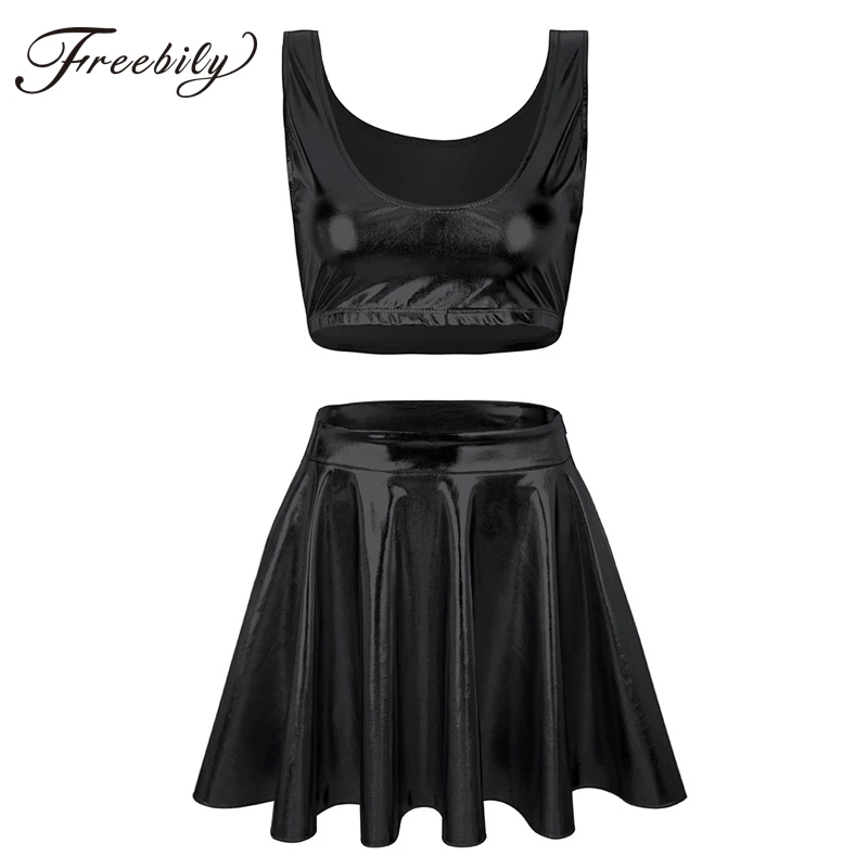 

2 Pieces Women Shiny Metallic Sleeveless Crop Tank Top with Pleated Skirt Set Wet Look Patent Leather Tank Top Skirt for Dance