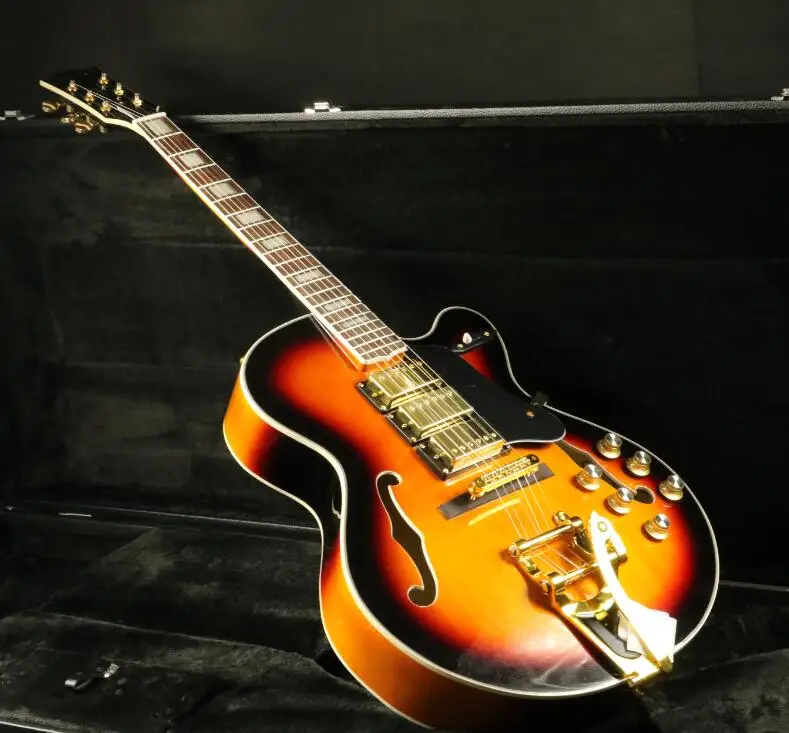 

Stock Full Hollow Body L5 Electric Guitar 3pcs Humbuckers Pickups Gold Hardware Bigsby Bridge Grover Sunburst