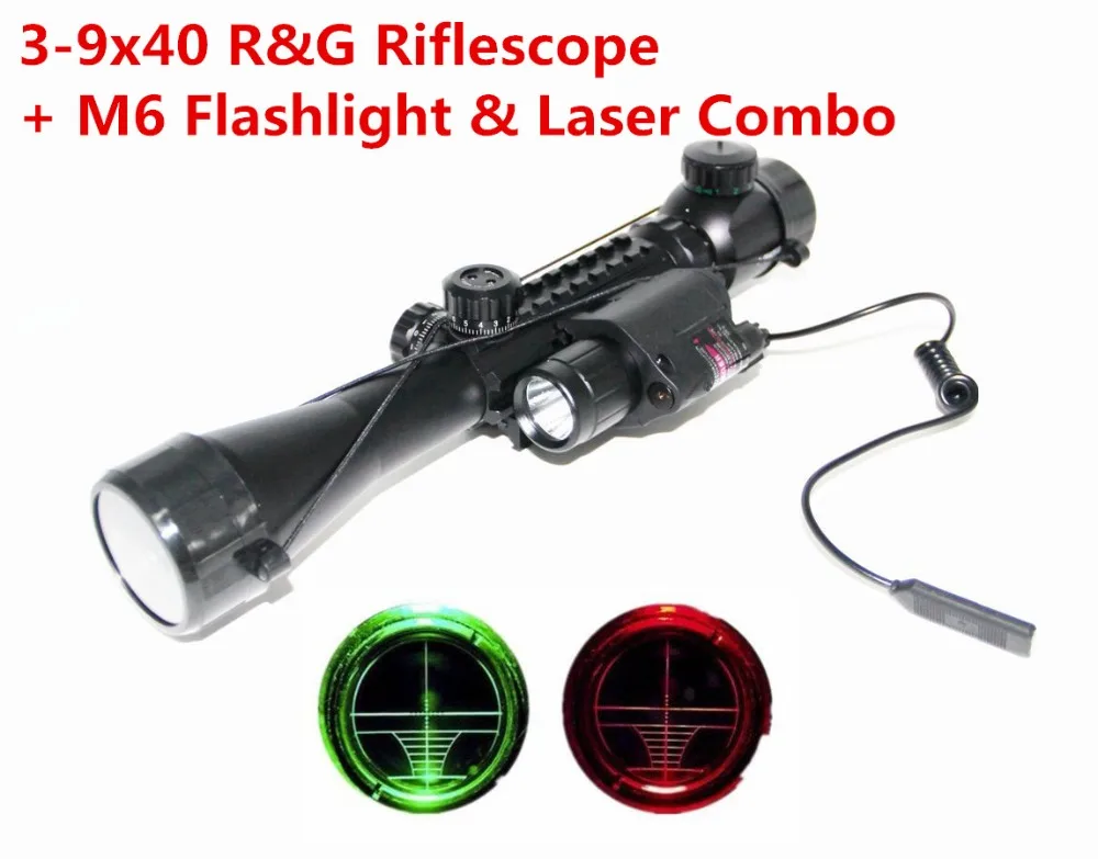 

3-9x40EG Tactical Pistol Rifle Scope w/ 20mm Rail M6 Red Laser Sight LED Flashlight Compact Combo for hunt AK47