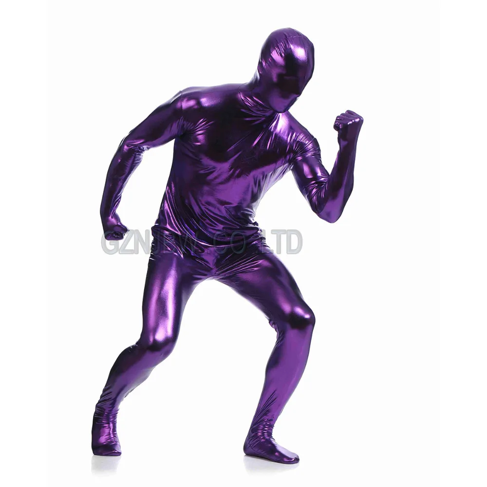 Adult Mens Faux Leather Metallic Purple Bright Full Skin Zentai Cosplay Costume Halloween Suit