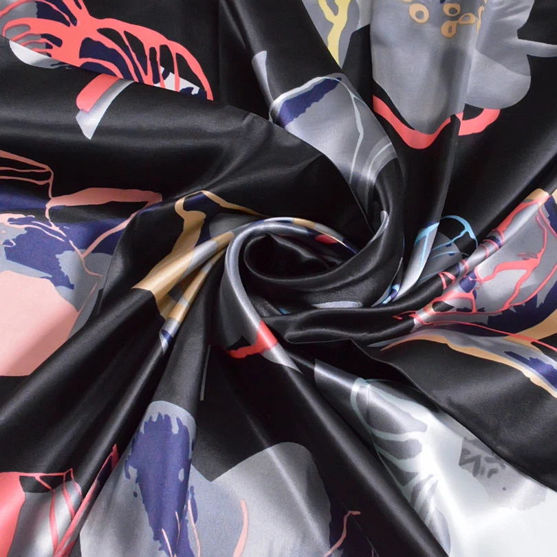 [BYSIFA]Women Men Black Silk Scarf Shawl New Design Spring Autumn Accessories Ladies Genius Flowers Satin Scarves Wraps 90x90cm 4