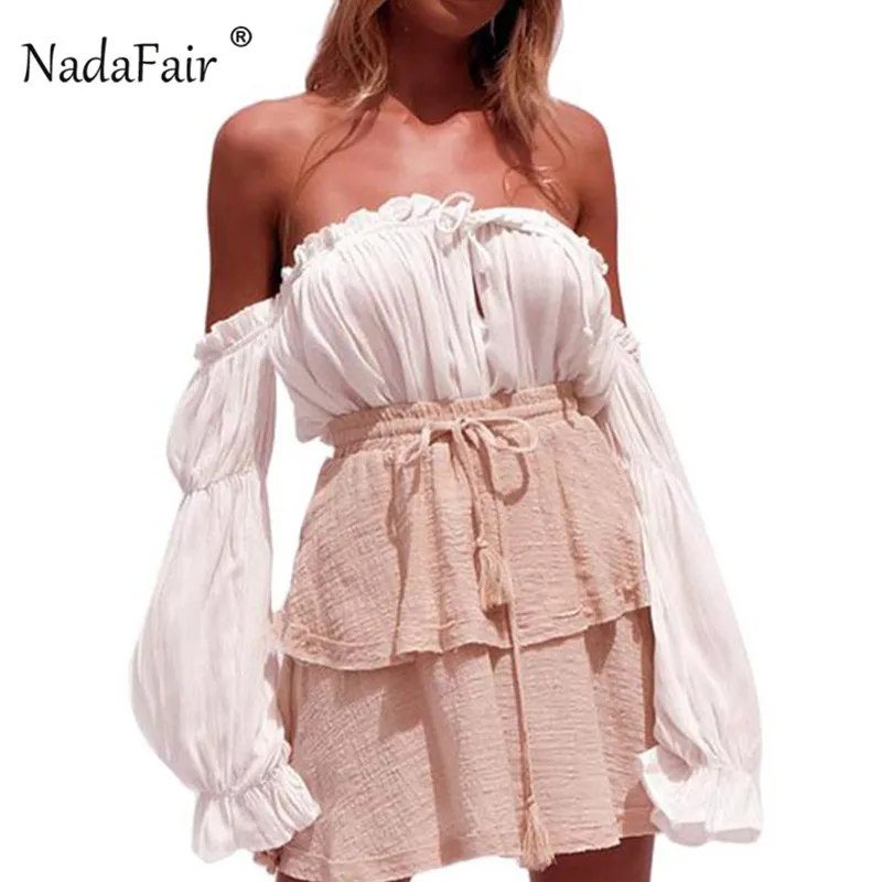 Nadafair с открытыми плечами топы и блузки для женщин на шнуровке длинным рукавом