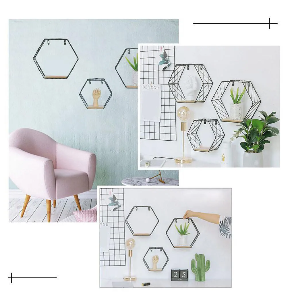 Wall Storage Shelf Holder Iron Hexagonal Grid Wall Shelf Combination Hanging Geometric Figure Decoration Iron Hollow Design