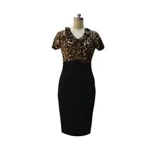 2016 Hot Designer Womem Summer Dress Short Sleeve Mid Calf Leopard Sexy Sheath Dresses 4XL Plus Size Club Deep V Neck Dresses