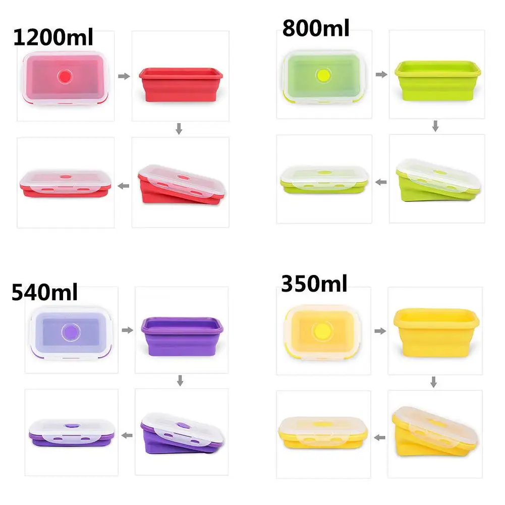 

cheap 350ml 540ml 800ml 1200ml Silicone Collapsible Storage Box bento portable microwave applicable kitchen container lunchbox