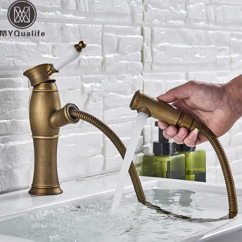 Antique Brass Pull Out Kitchen Sink Faucet Deck Mount Mixer Taps