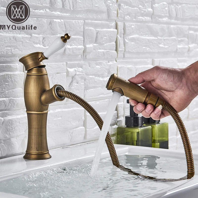 Antique Brass Pull Out Kitchen Sink Faucet Deck Mount Mixer Taps Wash Hair Basin Faucet Single