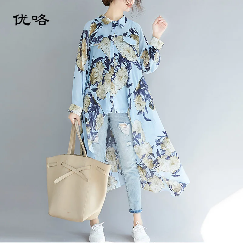 

2019 New Summer Women Lapel Shirt Dress Plus Size Long Sleeve Floral Printed Long Blouse Femme Elegant Casual Loose Blusas 5XL