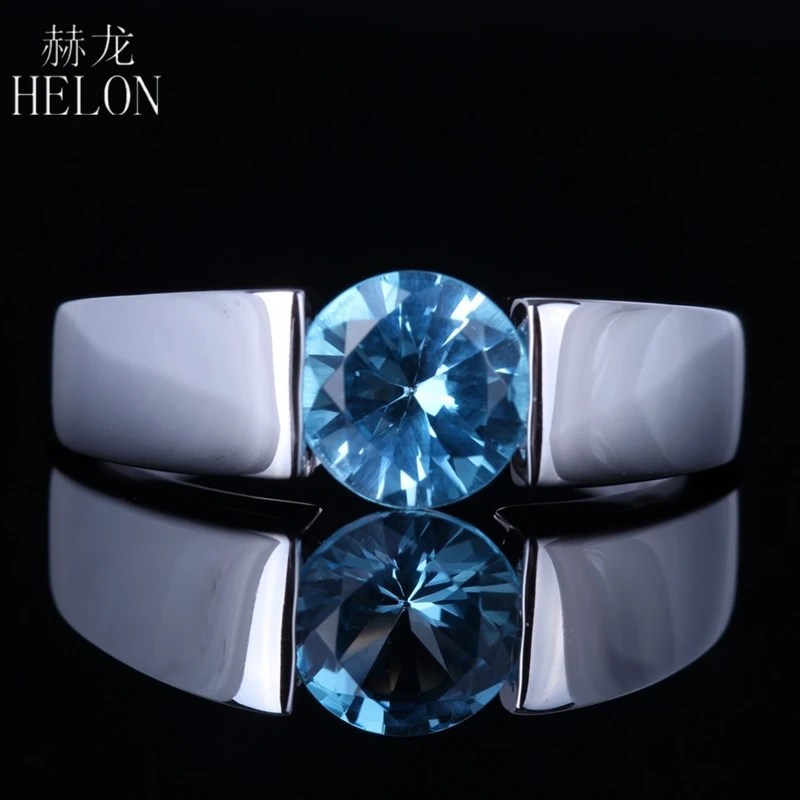 

HELON Solid 14K White Gold Flawless Round 100% Genuine 1.147ct Blue Topaz Smooth surface Anniversary Wedding Fine Jewelry Ring