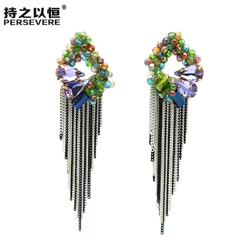 

Luxurious Small Beaded Crystal Geometric Statement Earrings Chain Dangle Long Tassel Earrings For Women Fashion Jewelry