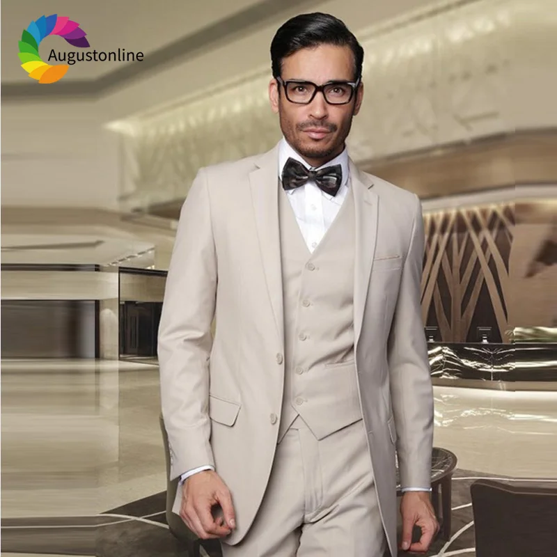

Beige Wedding Men Suits Business Wear Groom Tuxedos 3 Pieces (Jacket+Pants+Vest) Bridegroom Suits Best Man Blazer