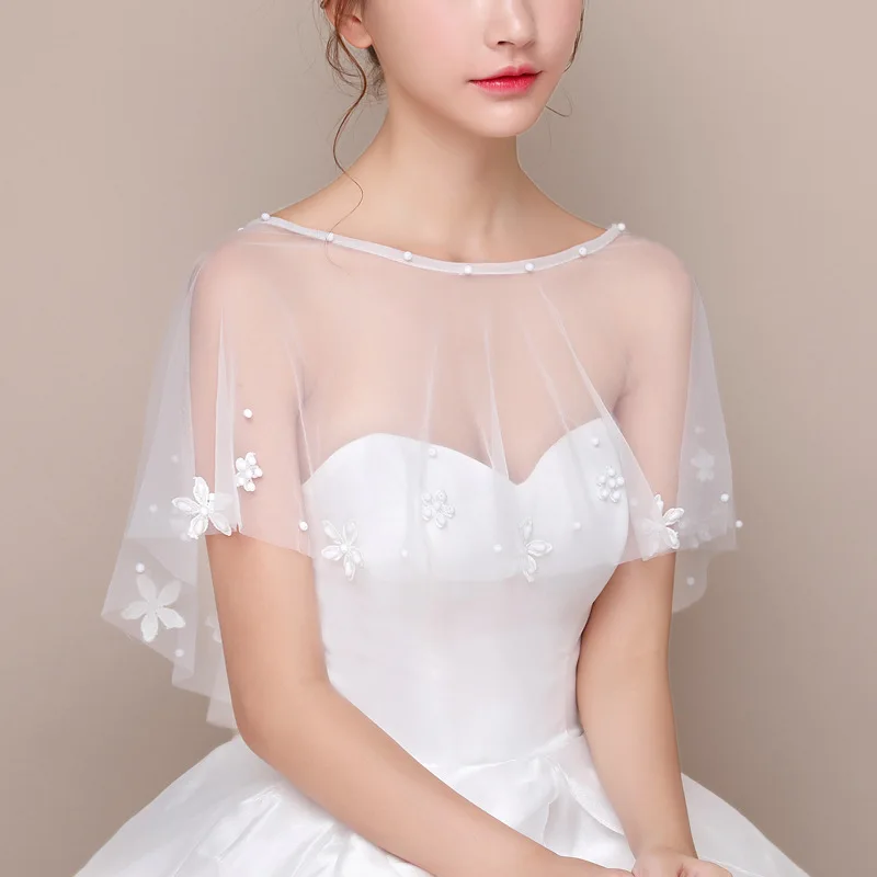 JaneVini/Изящные цветы для невесты, свадебная накидка, Летнее белое Болеро для девочек, фатиновая шаль, накидка на руку, куртка Свадебный плащ, палантины - Цвет: Белый