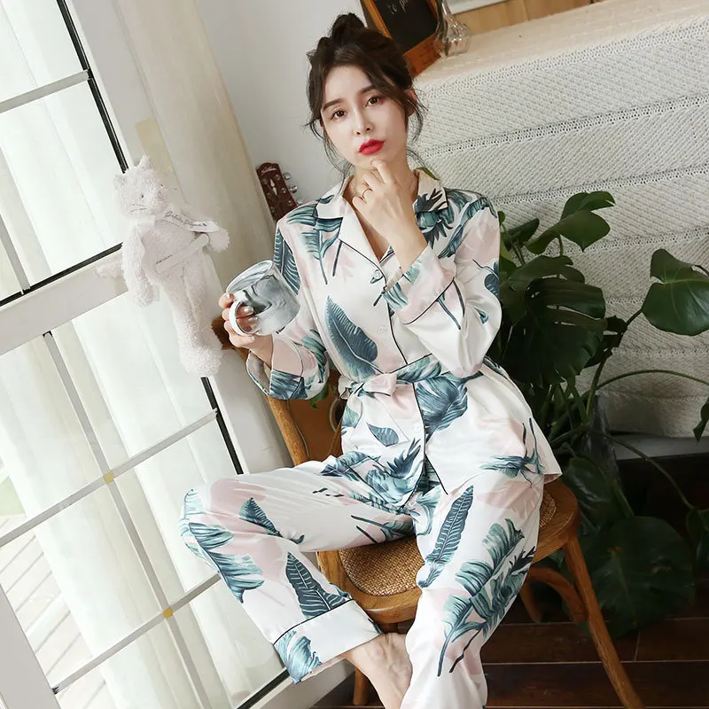 Queenral 2 PCS Silk Satin Women Pajama Set Sleepwear Long Sleeve Trousers Lingerie Homewear Pijamas For Woman Home Suit Printing16