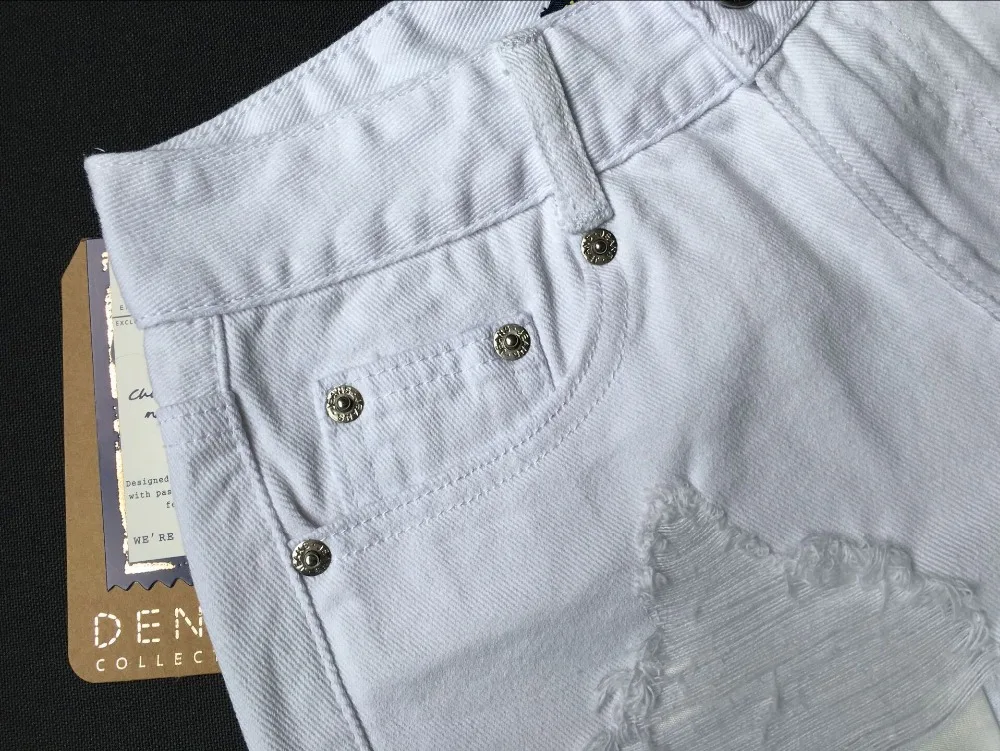  2017 Best Selling Women Pure White High Waist Slim Grinding Patch Holes Irregularly Exposed Jeans Pants Sexy Girl Denim Shorts (10)
