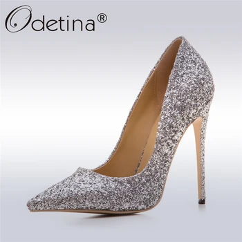 

Odetina 2017 New Fashion Gold Silver Glitter Pumps Pointed Toe Sexy High Heels Stiletto Women Wedding Party Shoes Big Size 33-43