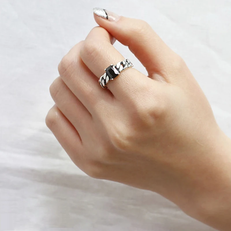 

ROCKART 100% 925 Sterling Silver Retro Trendy Chain With Black Square Stone Open Ring For Women Gift Adjustable Fine Jewelry