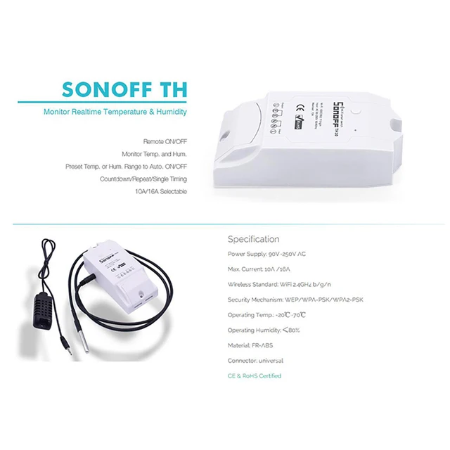 Sonoff TH10 Wi-Fi Smart Switch Smart Home Automation 10A 2200W Wireless Switch Modules With Temperature Sensor Humidity Monitor