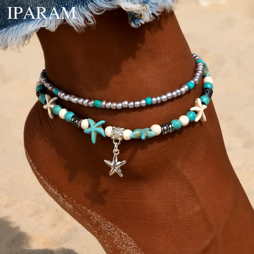 

IPARAM New Fashion Retro Bohemia Round Rune Starfish Anklet Beach Feet Jewelry Simple Pull Beads Bobo Anklet Bracelet For Women