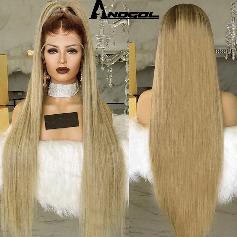 Peluca de pelo sintético larga de fibra Peruca de alta temperatura Anogol Peluca de pelo marrón Ombre ceniza Rubia de encaje suizo para Cosplay Peluca de pelo sintético larga de fibra Peruca de alta temperatura Anogol Peluca de pelo marrón Ombre ceniza Rubia de encaje suizo para Cosplay