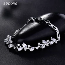 BUDONG 18cm Fashion Leaves Hand Chain Bracelets for Women Silver/Gold-Color Bangle Colorful/Purple/Red Crystal CZ Jewelry xuL100