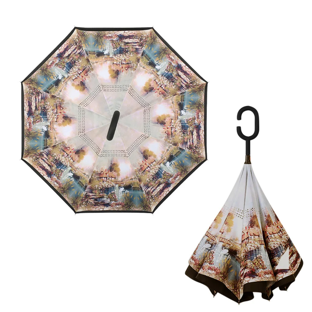 Double Layer Inverted Inverted Umbrella Is Light And Sturdy Christmas Snowy Background Light Garlands Falling Reverse Umbrella And Windproof Umbrella