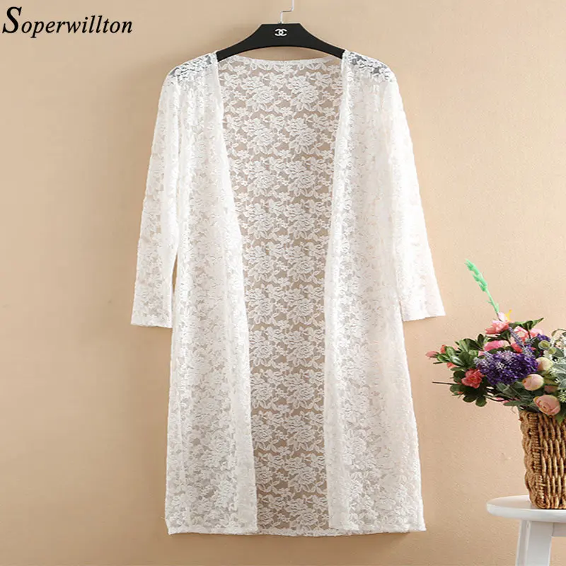 

2019 Summer Kimono Cardigan White Black Lace Sun Blouse Women Long Shirt Plus Size 4XL Female Tops Beach Cover Ups Outwear V09