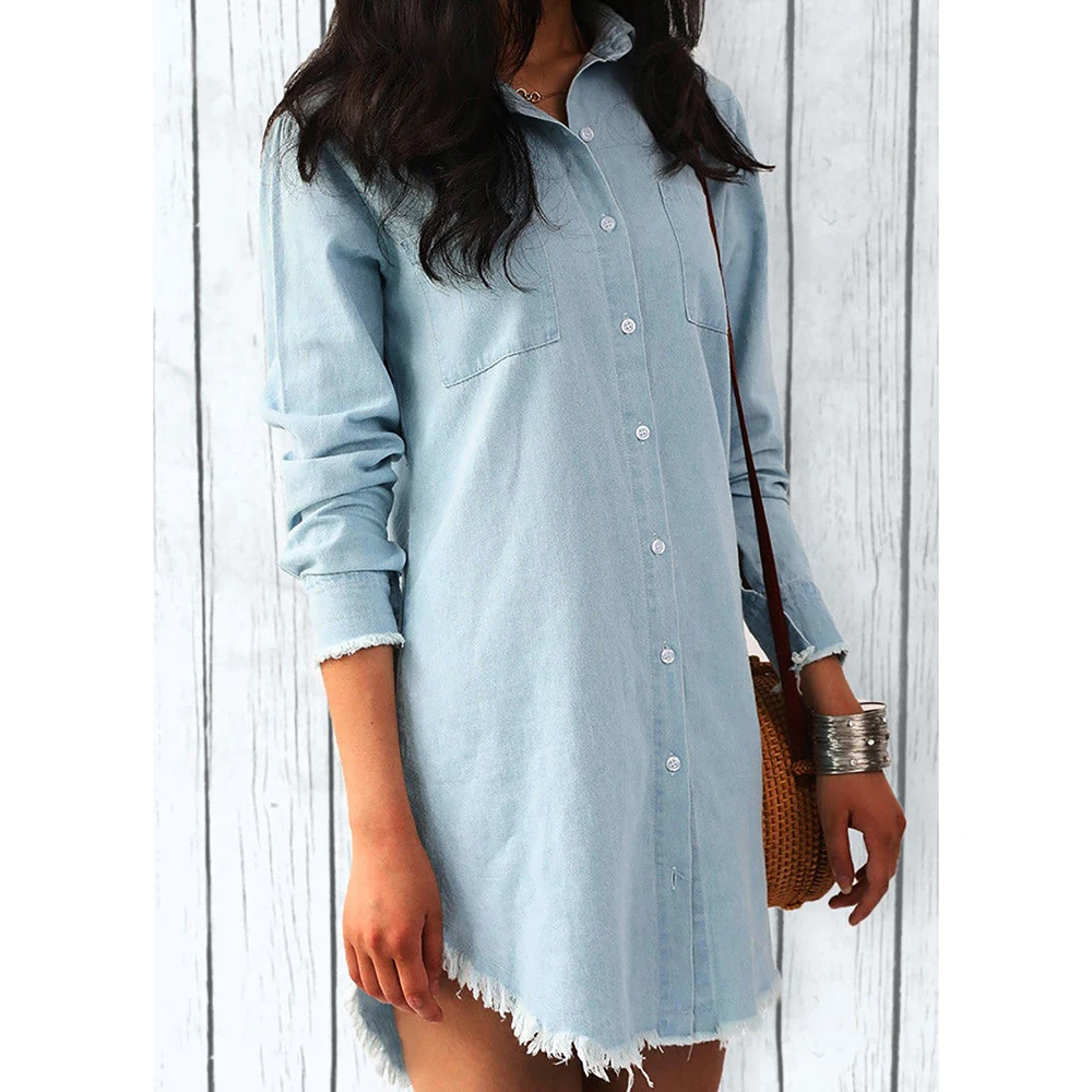 Sexy Women Loose Button Pocket Long Sleeve Blouse Dress Mini Asymmetrical Tassel Hem Shirt Dress Top Plus Size Casual Streetwear 2