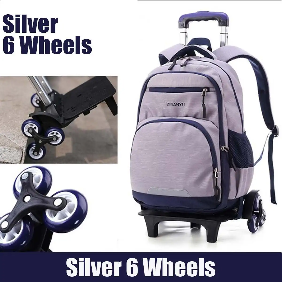 Nylon Removable Men travel Bags for Boys Waterproof Trolley Backpack Teenager 2/6 Wheeled Bag Bookbag Travel Bags Back to school - Color: Silver 6 wheels