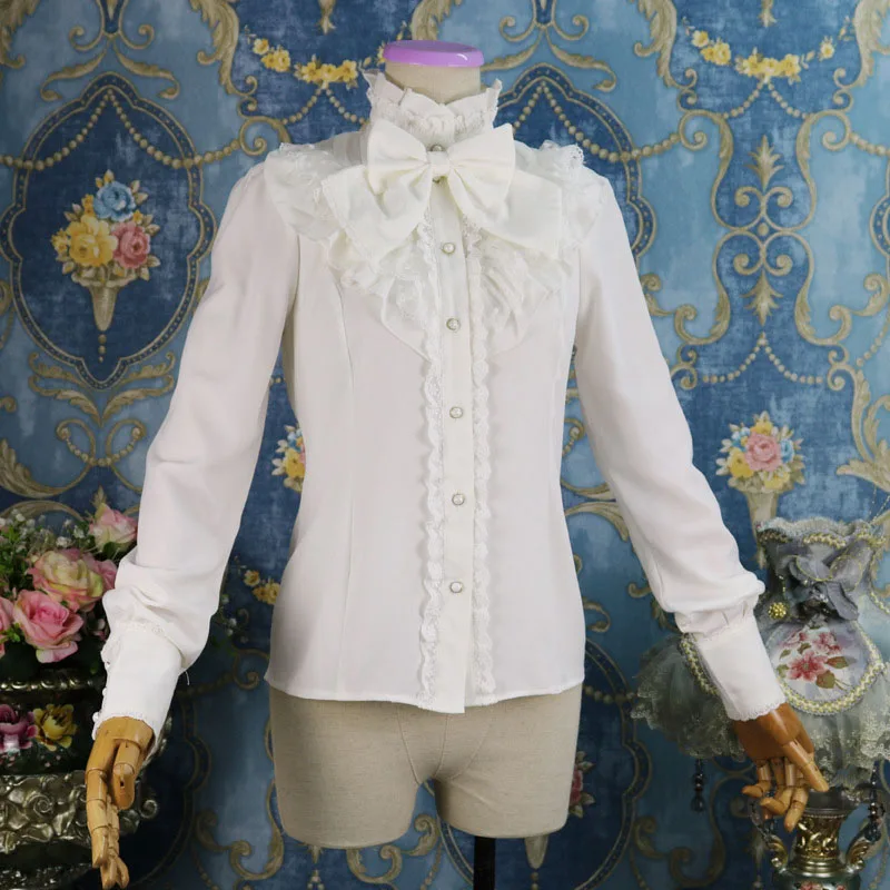 

Black Cotton Stand Collar With Bow Women Ruffles Lace Vintage Lolita Blouse Victorian Gothic Shirt Used in Matching Corset 2018