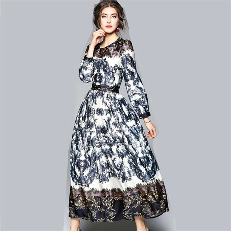 

New Arrival Formal Women Maxi Dresses 2019 Casual O Neck Long Sleeves Elegant Floral Long Party Dress Large Size M-3XL V