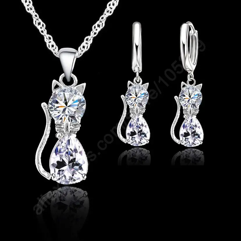 Jewellery Sets Accessories Genuine 925 Sterling Silver Cubic Zirconia Cat Kitty Necklace Pendant+Leverback Earrings Hot