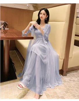 

2020 summer new super fairy sweet gauze fairy long skirt cardigan halter two-piece set very fairy dress