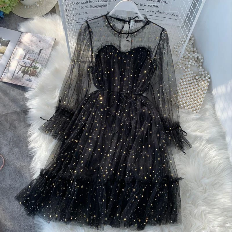 

2019 spring new female O-neck flare sleeve stars sequined mesh shiny fairy dress women solid color elegant bling pleated dresses